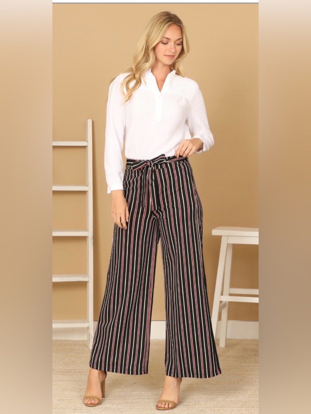 🌸. Wide Leg Tie-Waist Striped Pants - Black with Pink & White Stripes